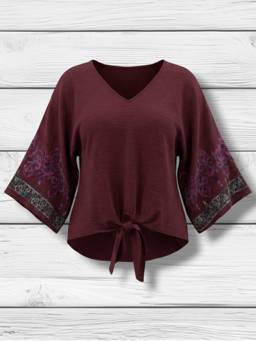 Olivia & Martin Plus Size 3X Maroon Embroidered Sleeve Tie Front Blouse